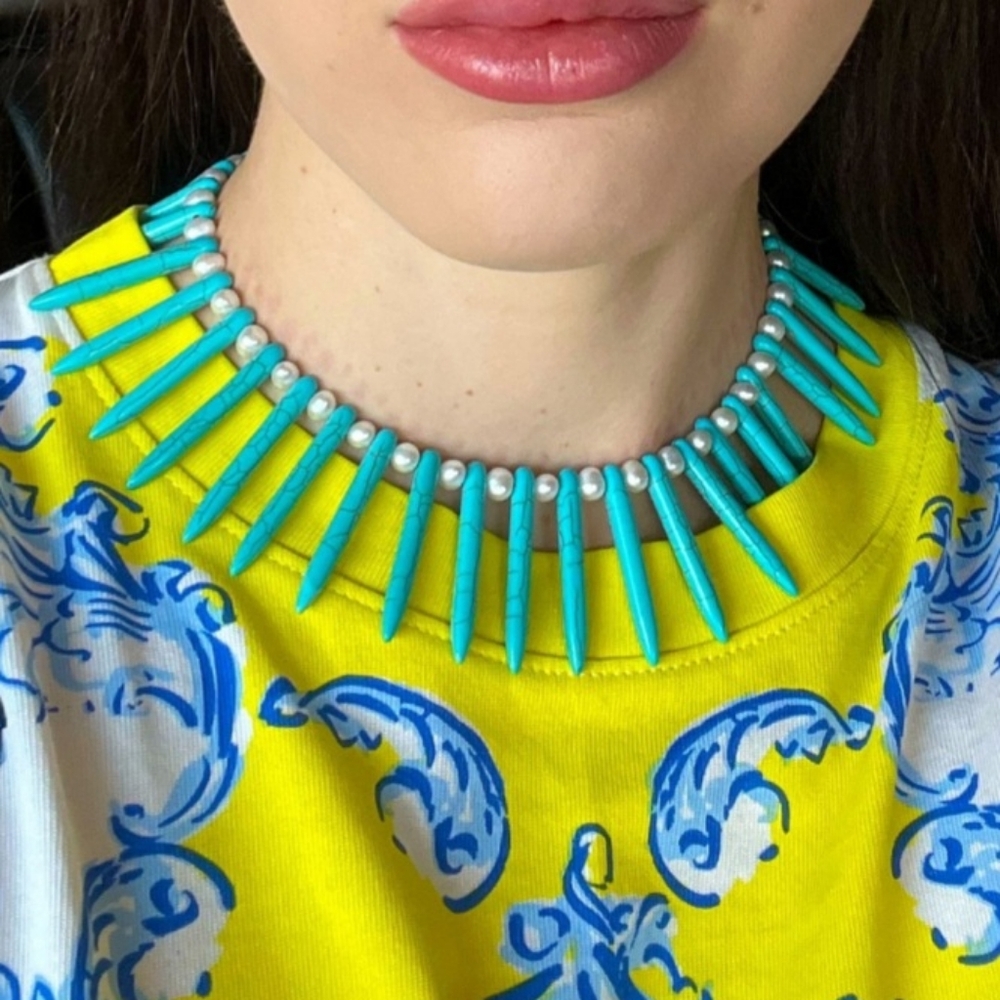 Jewelry 18K White Gold-plated Chain Clasp Monogram Authentic Pearl Turquoise